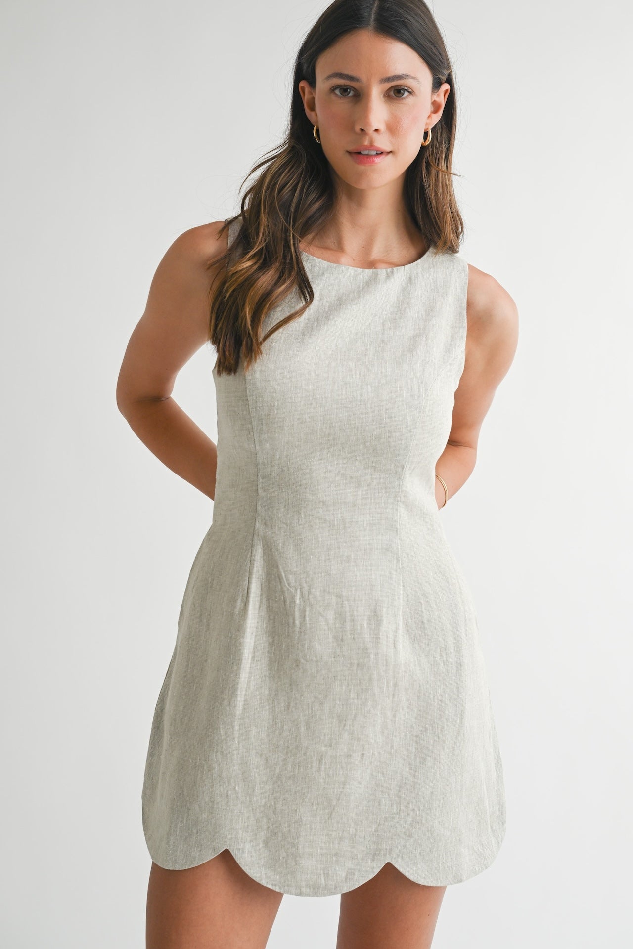 Scallop Hem Linen Mini Dress