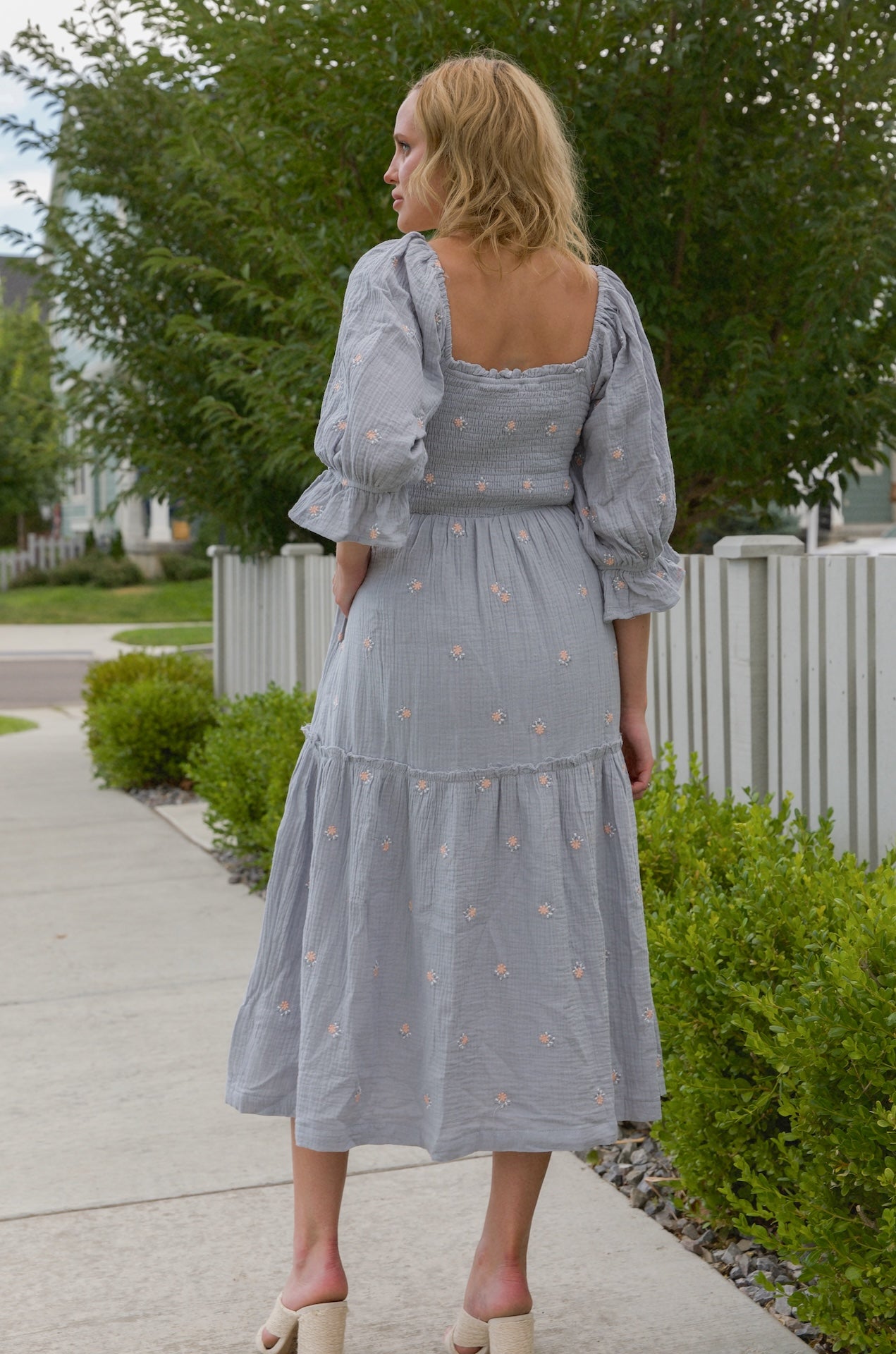 Darla Embroidered Steele Blue Puff Sleeve Dress