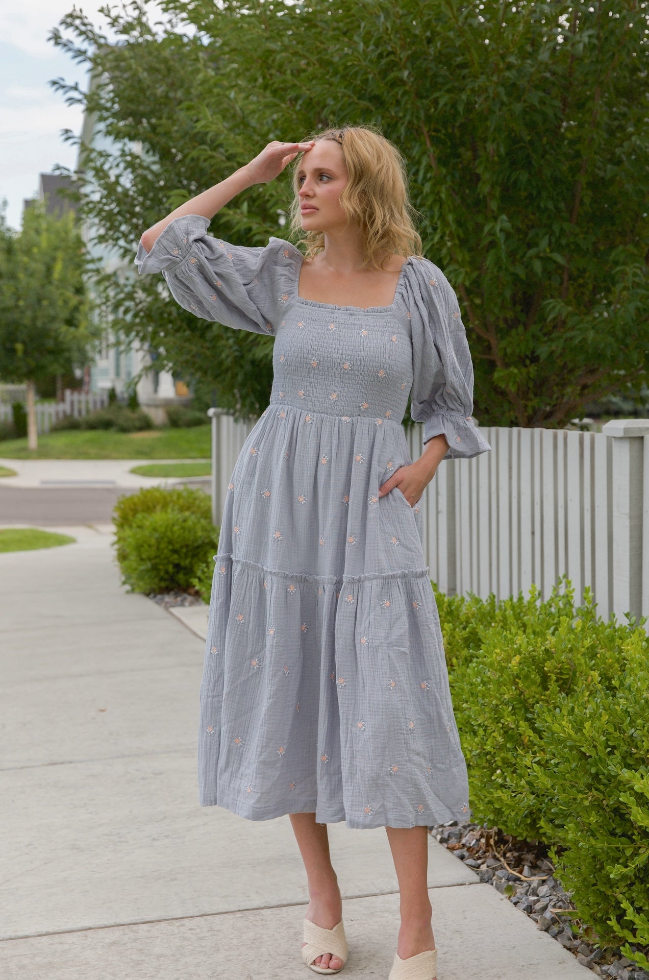 Darla Embroidered Steele Blue Puff Sleeve Dress