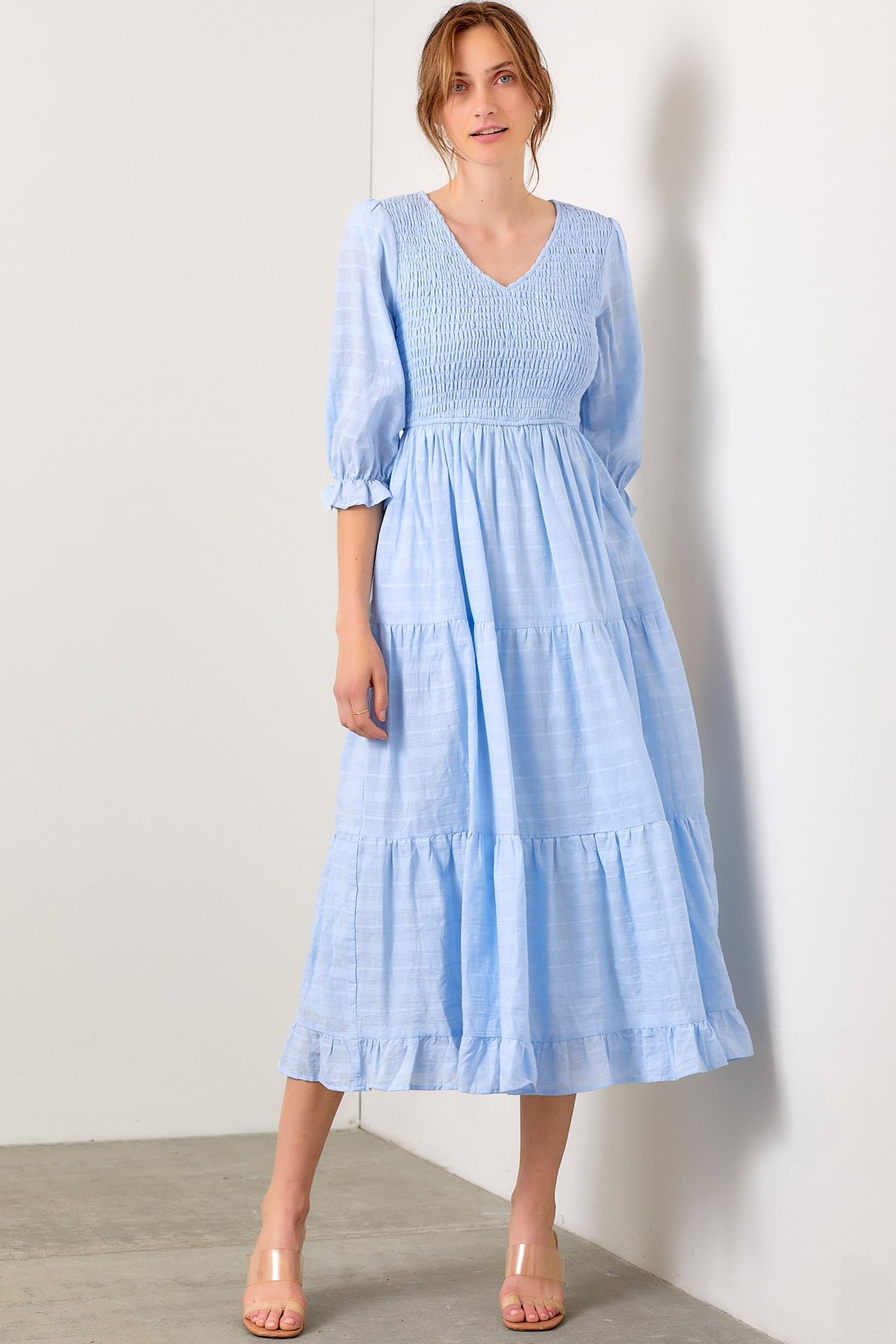 Penelope Blue Smocked Midi Dress