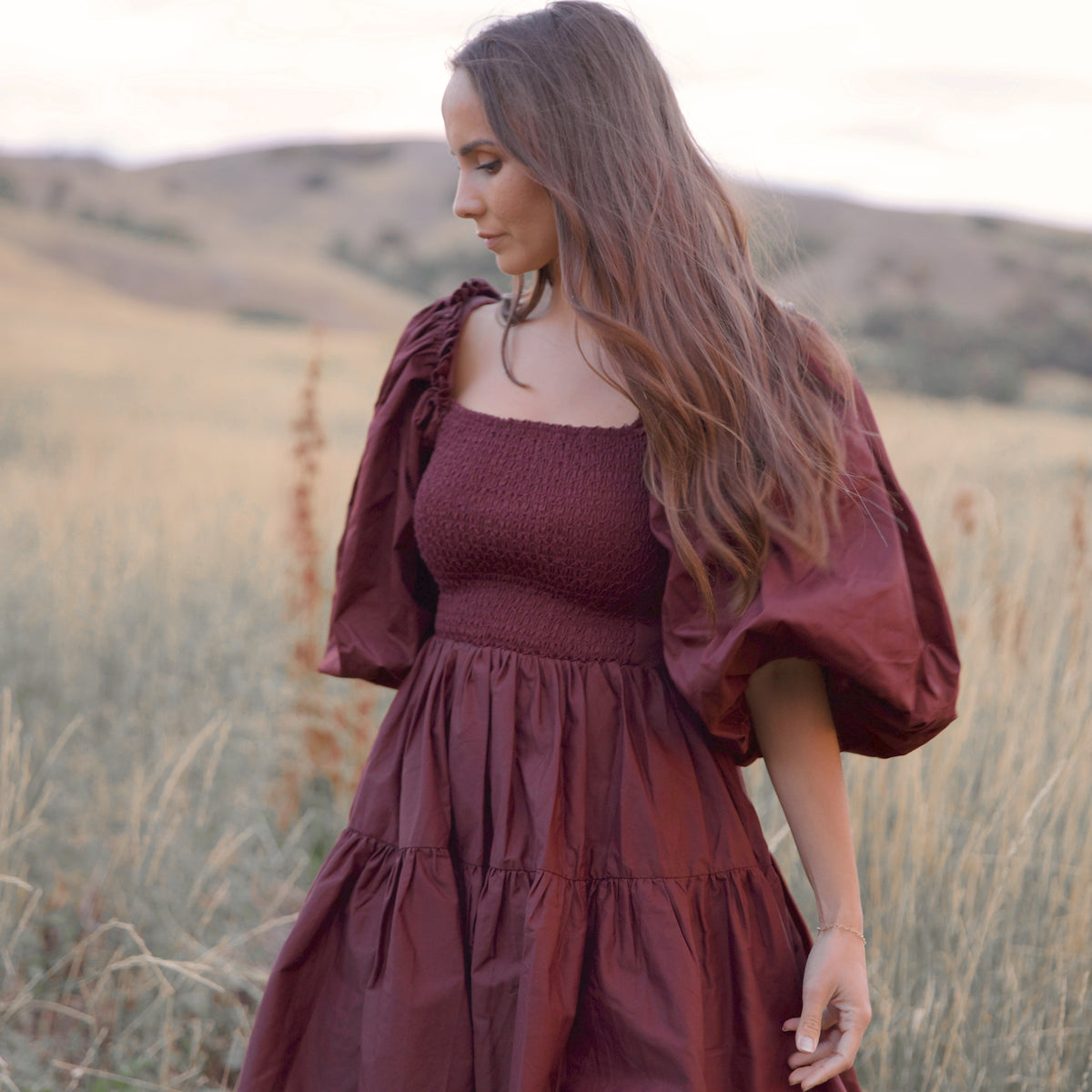 Maroon Brown Smocked Puff Sleeve Dress M
