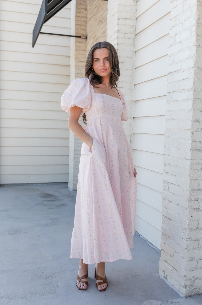 Pink Floral Cotton Puff Sleeve Midi Dress
