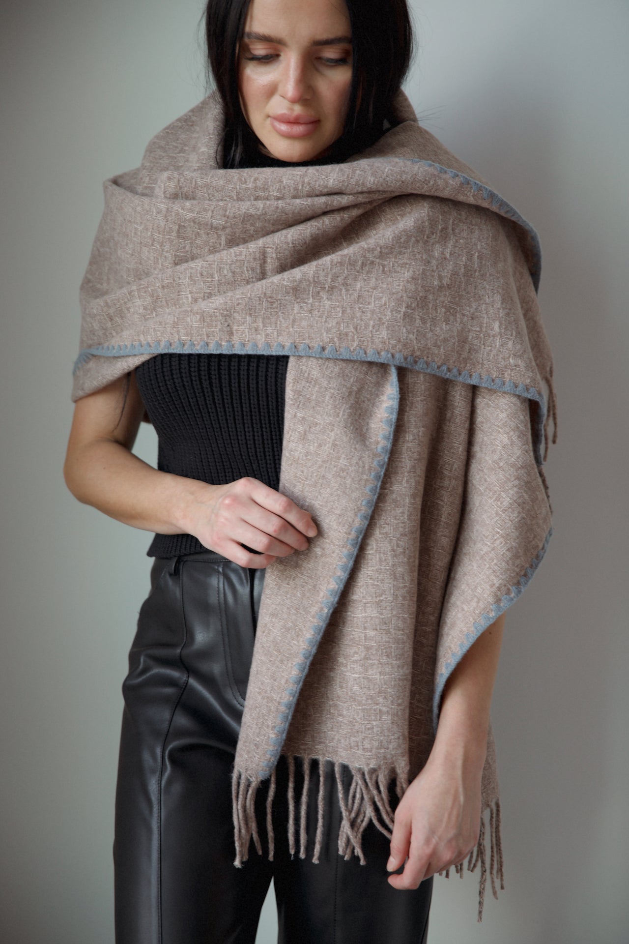 beige fringe scarf with grey scallop stitch detail
