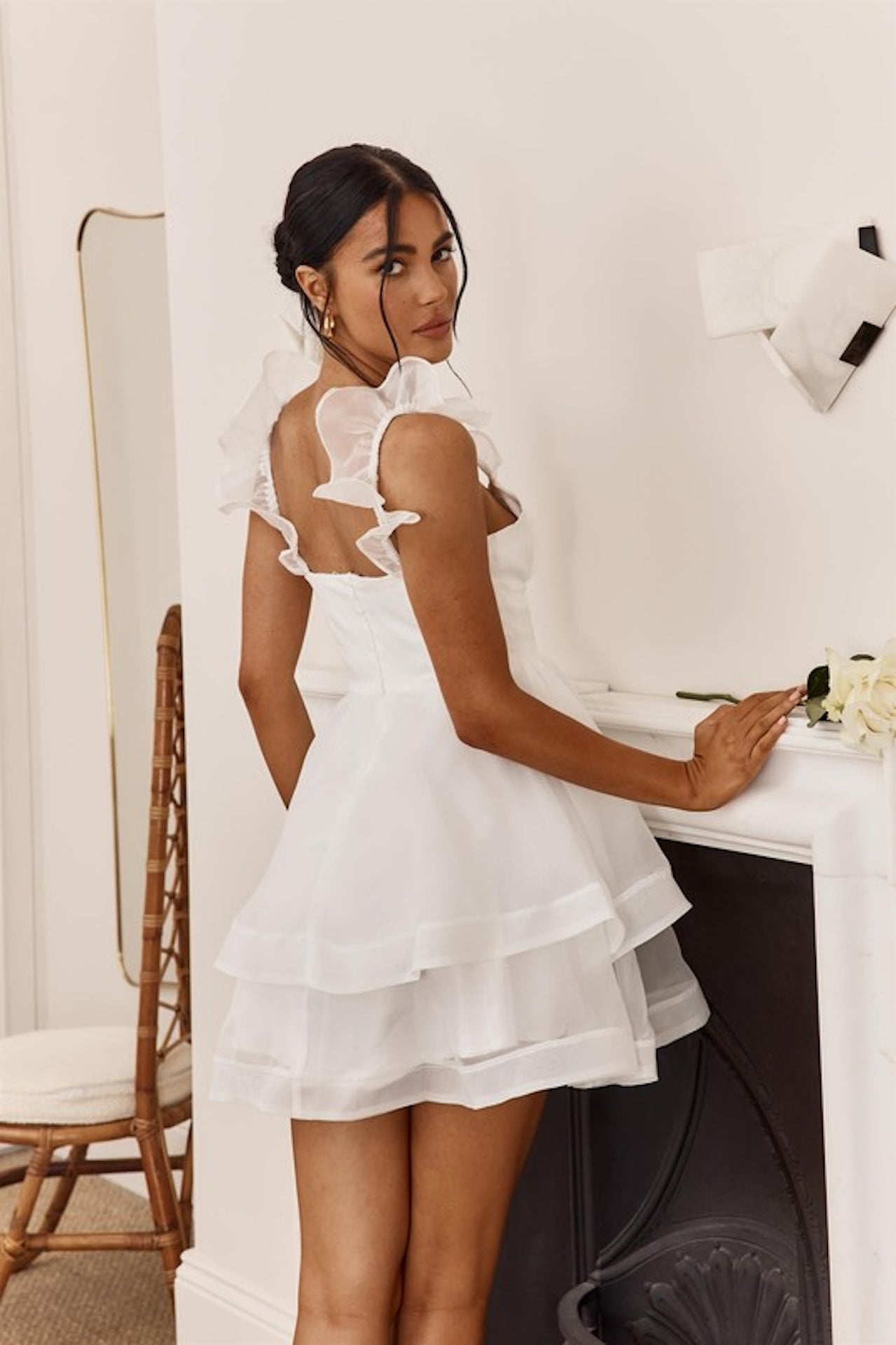 White Ruffle Strap Organza Mini Dress
