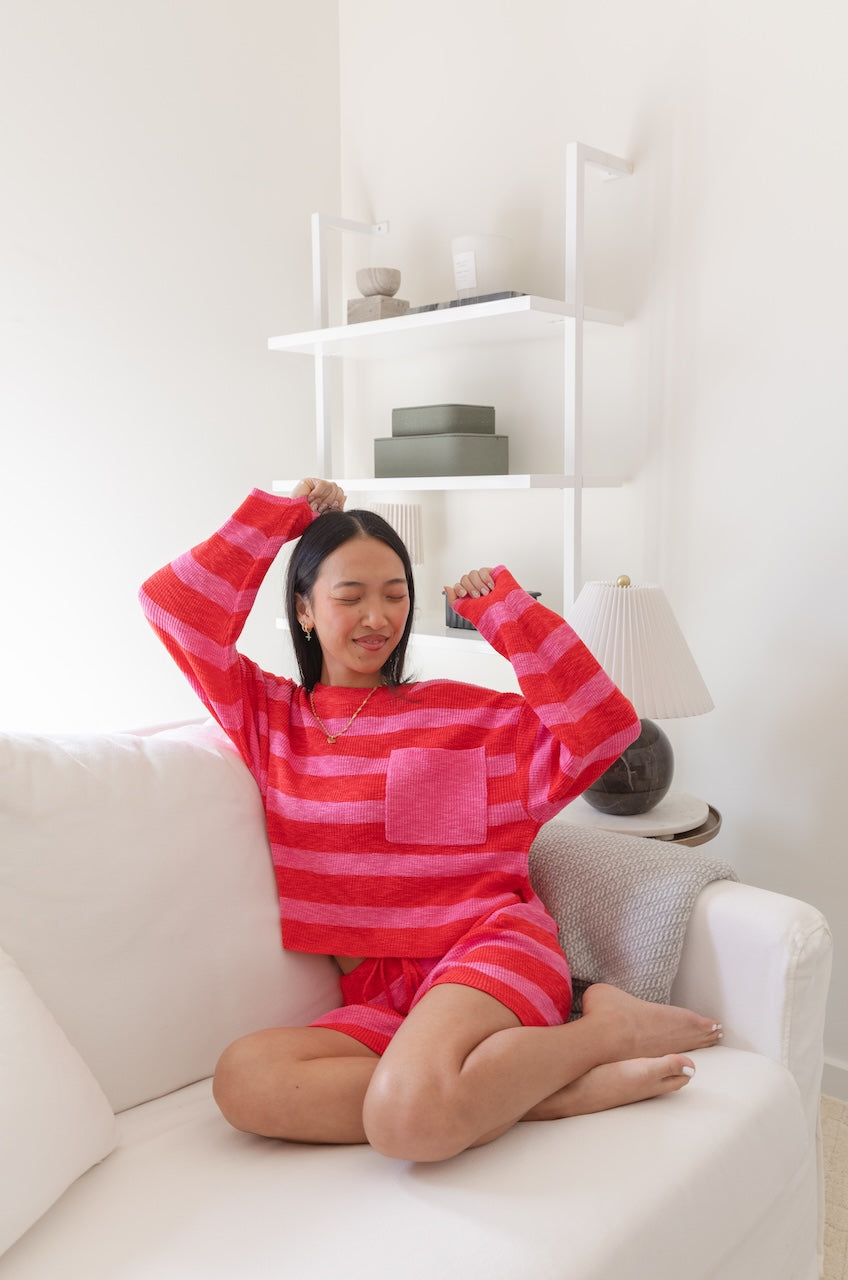 Pink/Red Striped Knit Top & Shorts Set
