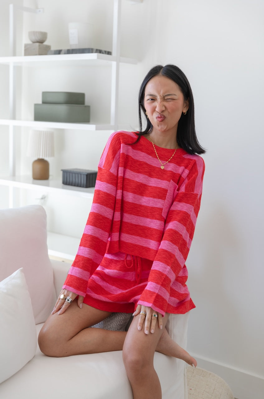 Pink/Red Striped Knit Top & Shorts Set
