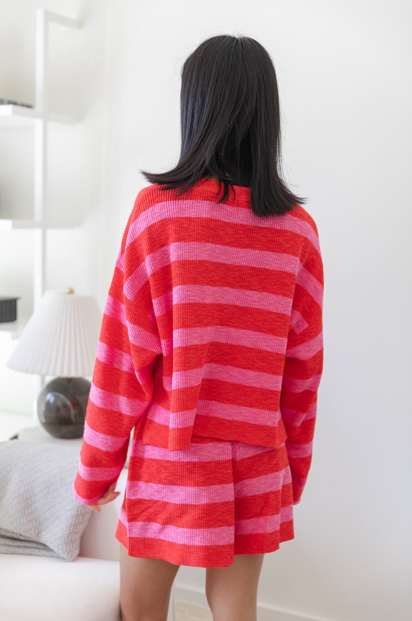 Pink/Red Striped Knit Top & Shorts Set