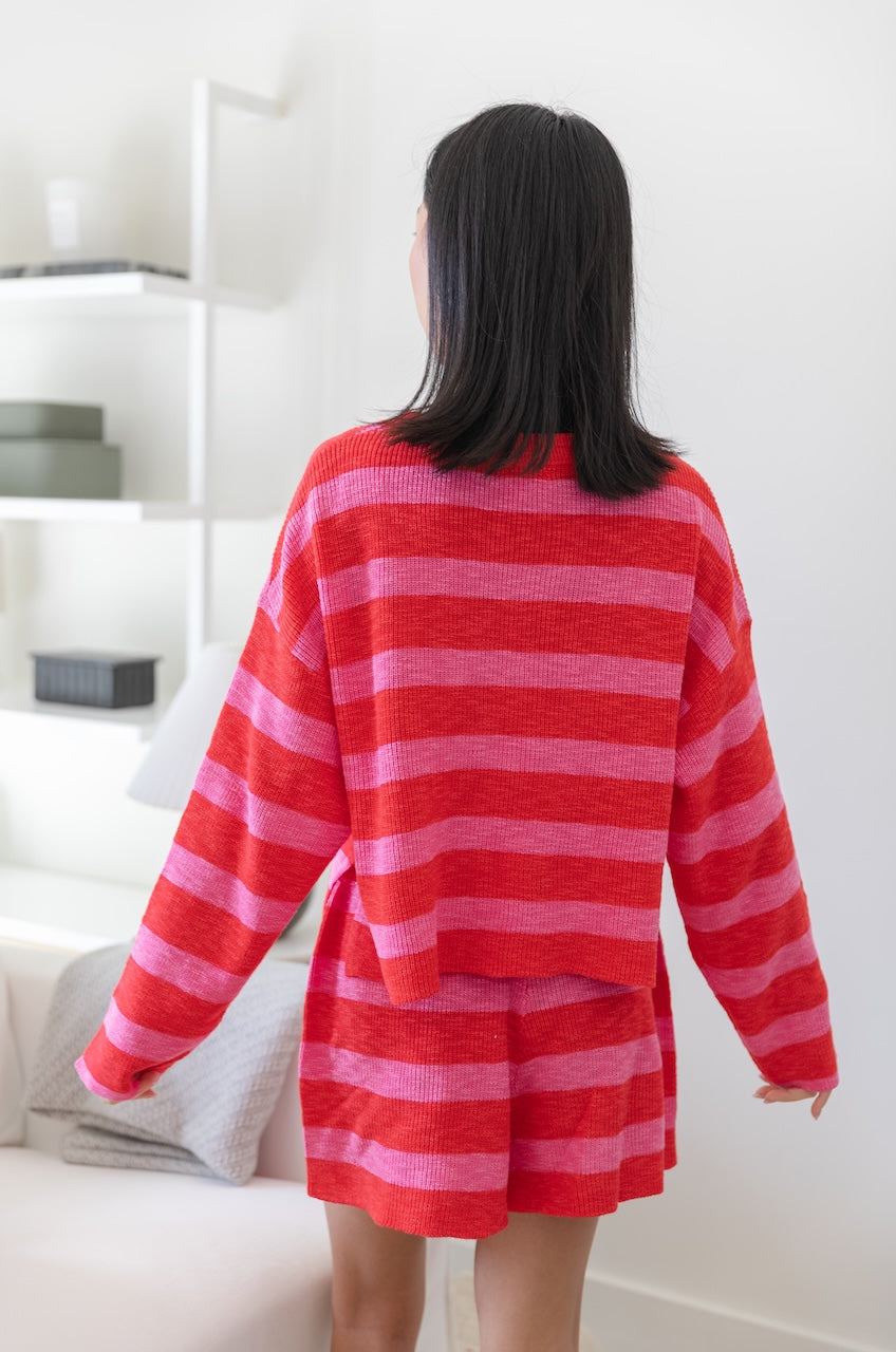 Pink/Red Striped Knit Top & Shorts Set