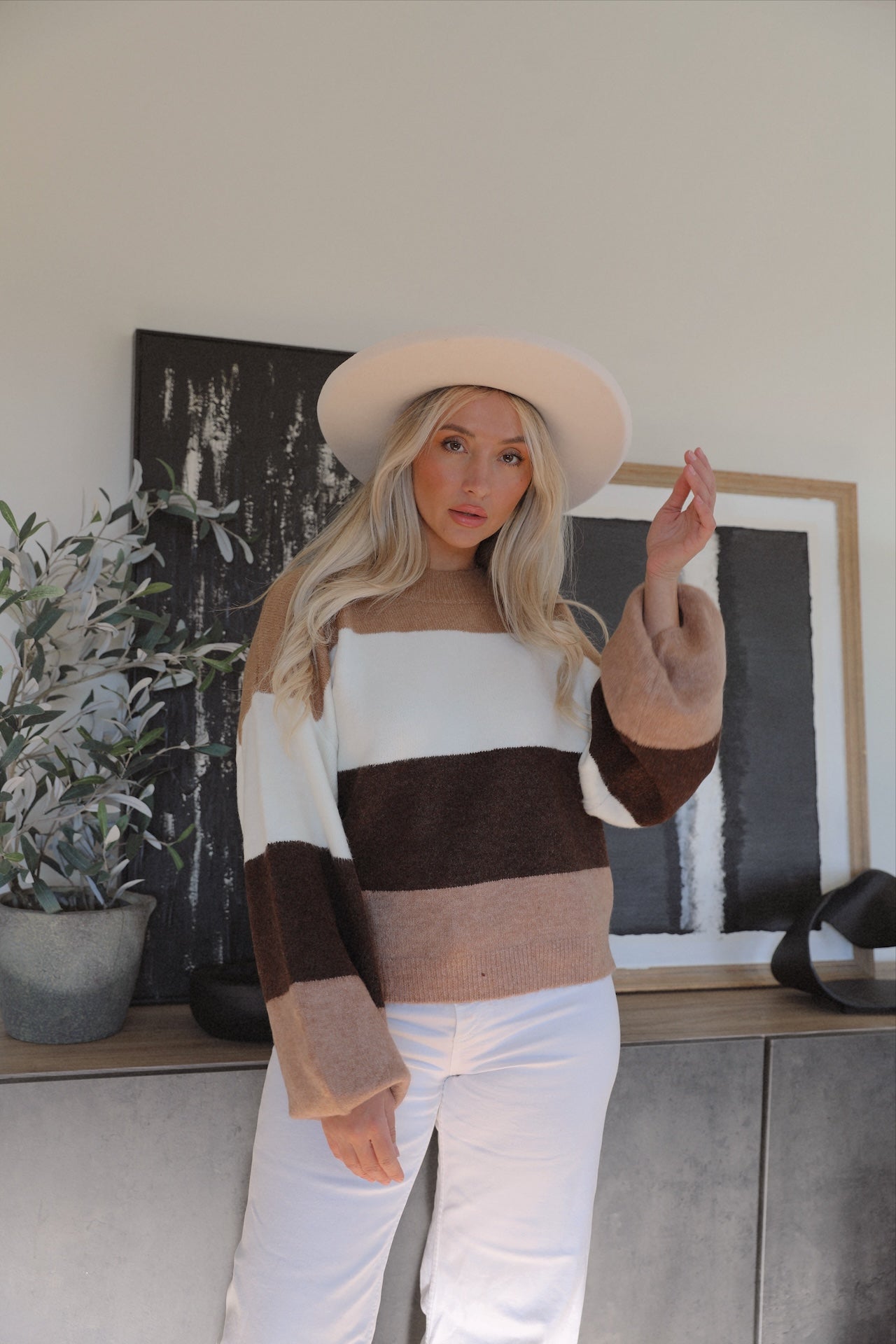 Brown Striped Colorblock Sweater