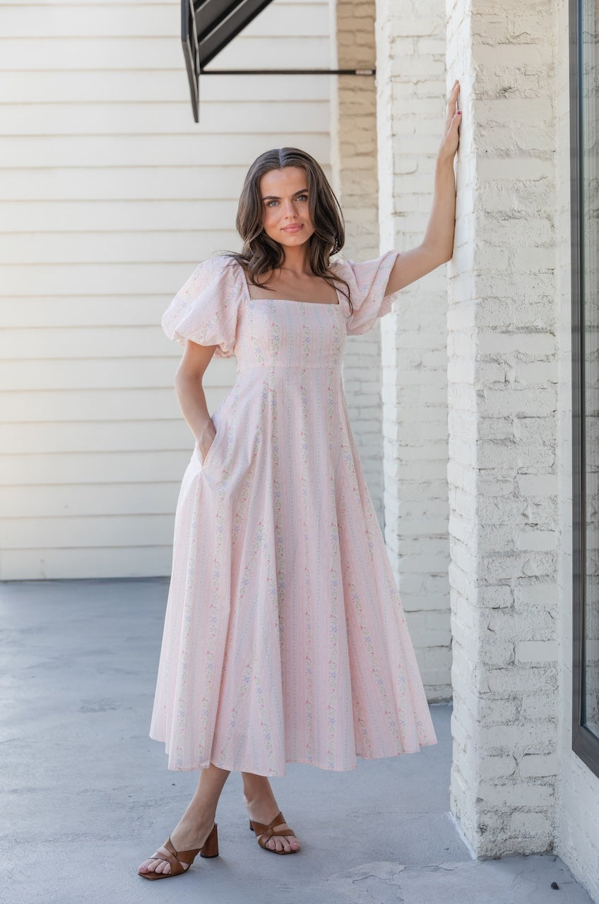 Pink Floral Cotton Puff Sleeve Midi Dress