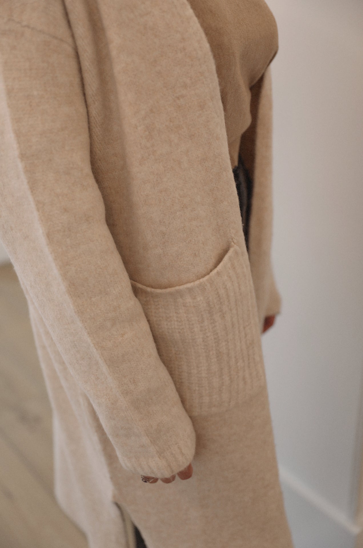 taupe beige maxi cardigan with long sleeve and front pockets