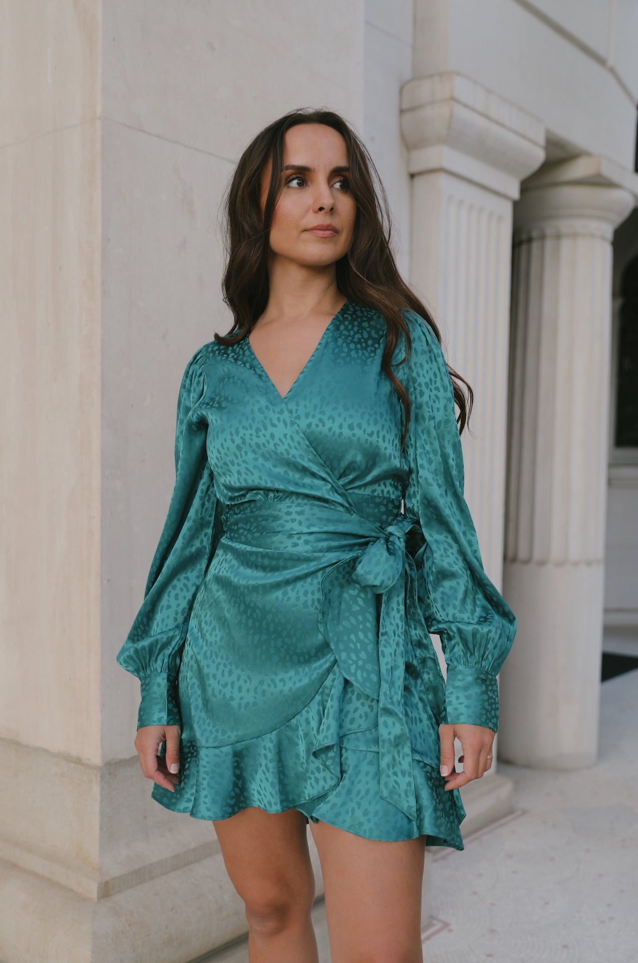 Emerald Teal Jacquard Mini Long Sleeve Wrap Dress