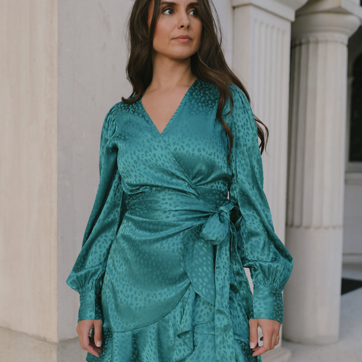 Emerald Teal Jacquard Mini Long Sleeve Wrap Dress Emerald Teal Jacquard Mini Long Sleeve Wrap Dress
