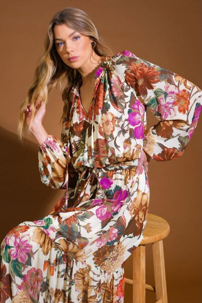 Floral Boho Maxi Dress - Flowy Tiered Long Sleeve