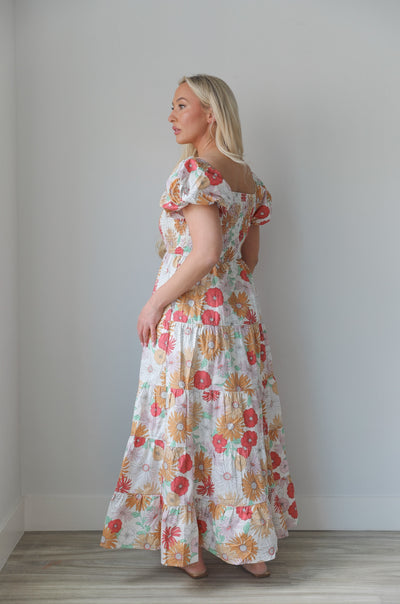 Floral Puff Sleeve Smocked Ruffle Maxi Dress