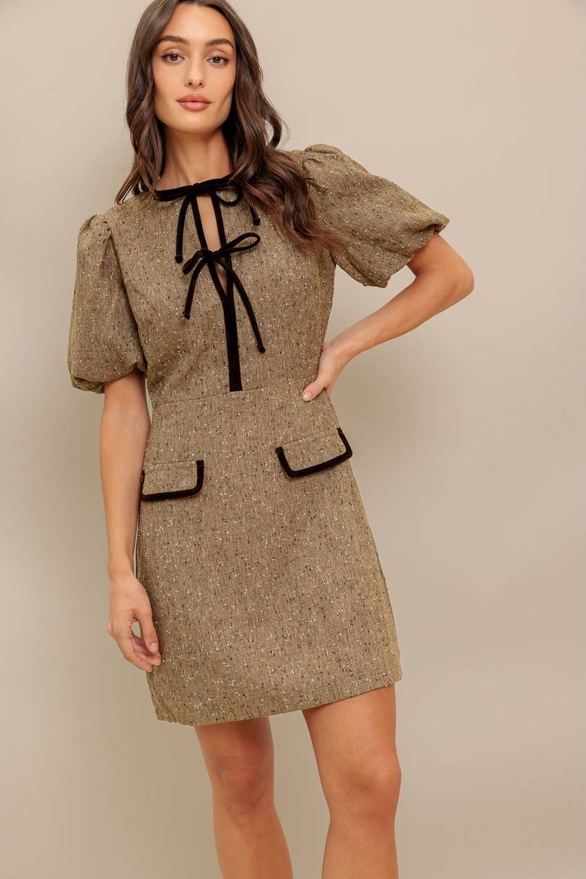 Brown Puff Sleeve Tweed Mini Dress