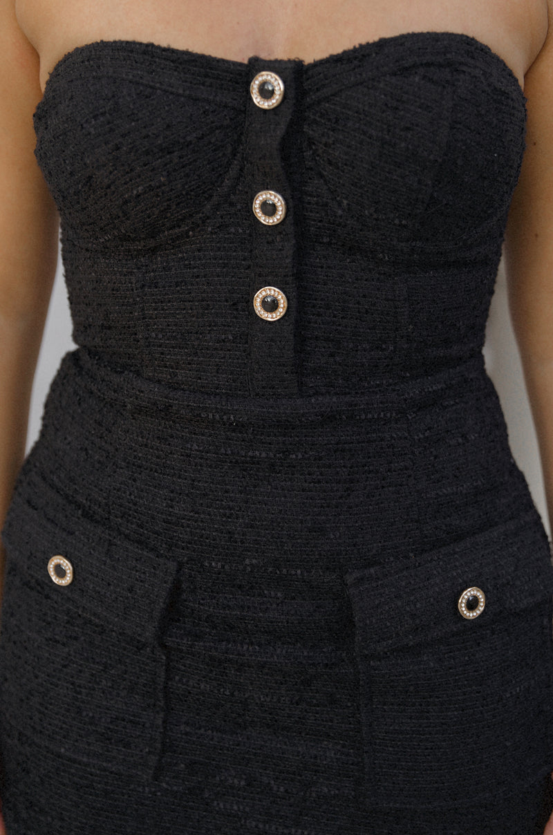 Black Sequin Tweed Tiered Mini Dress