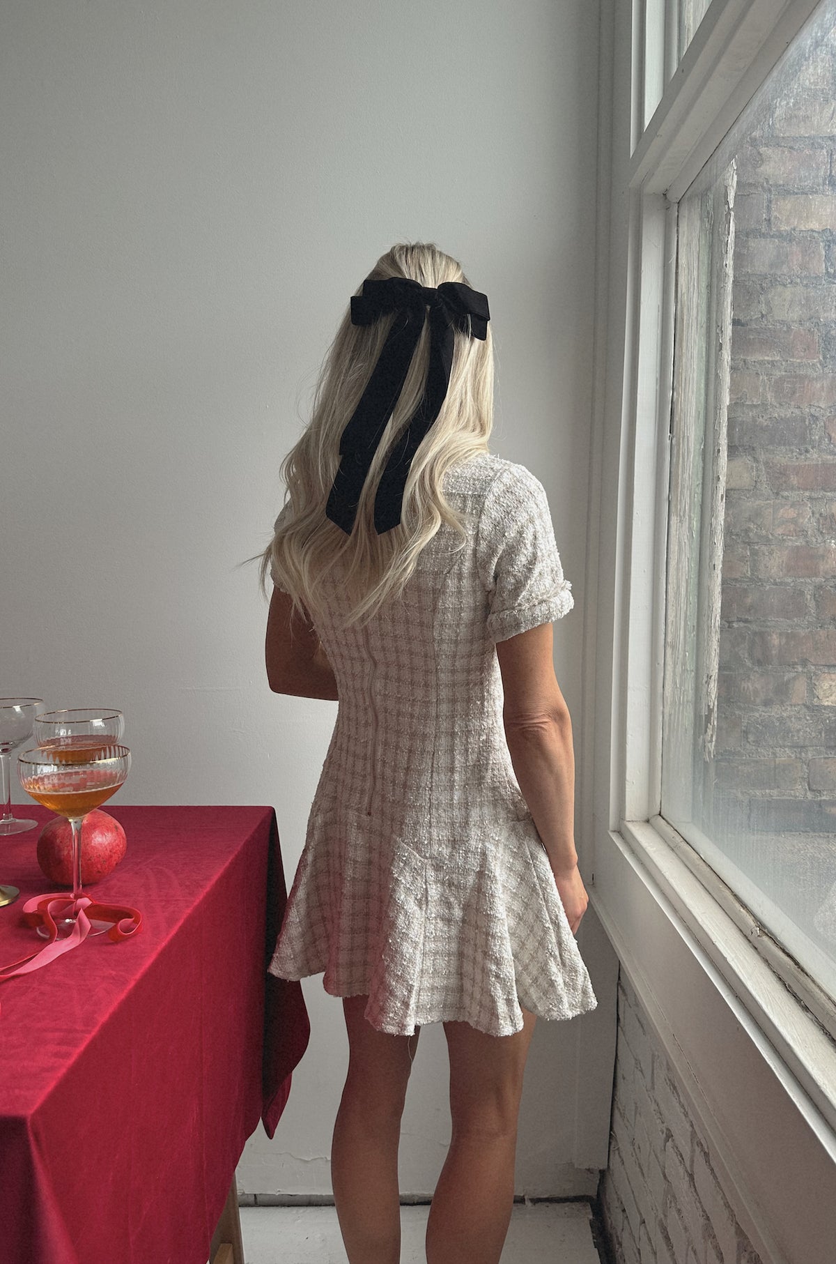 Sequin Tweed Mini Dress with Beaded Collar – White