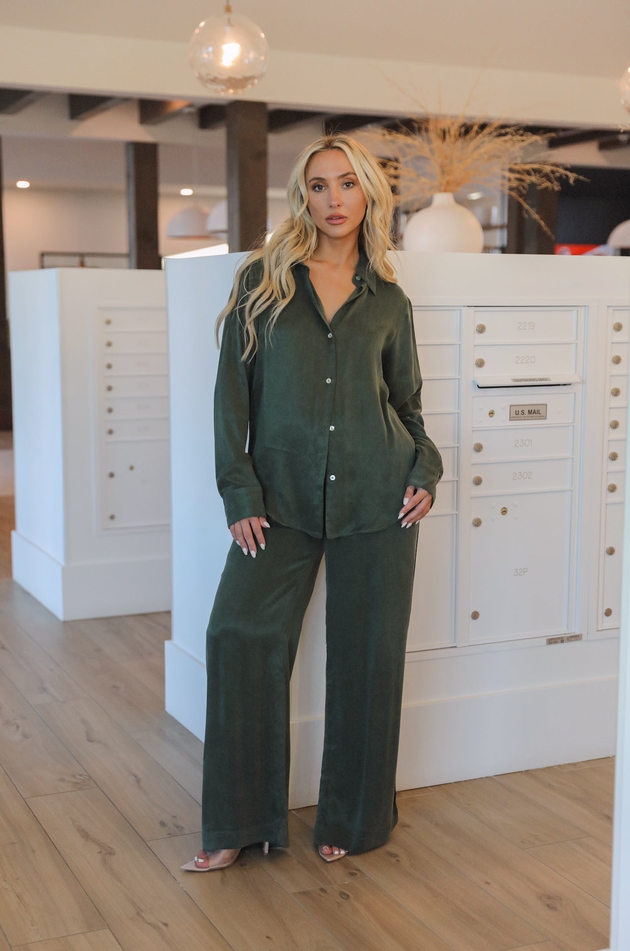 green long sleeve button down pants set