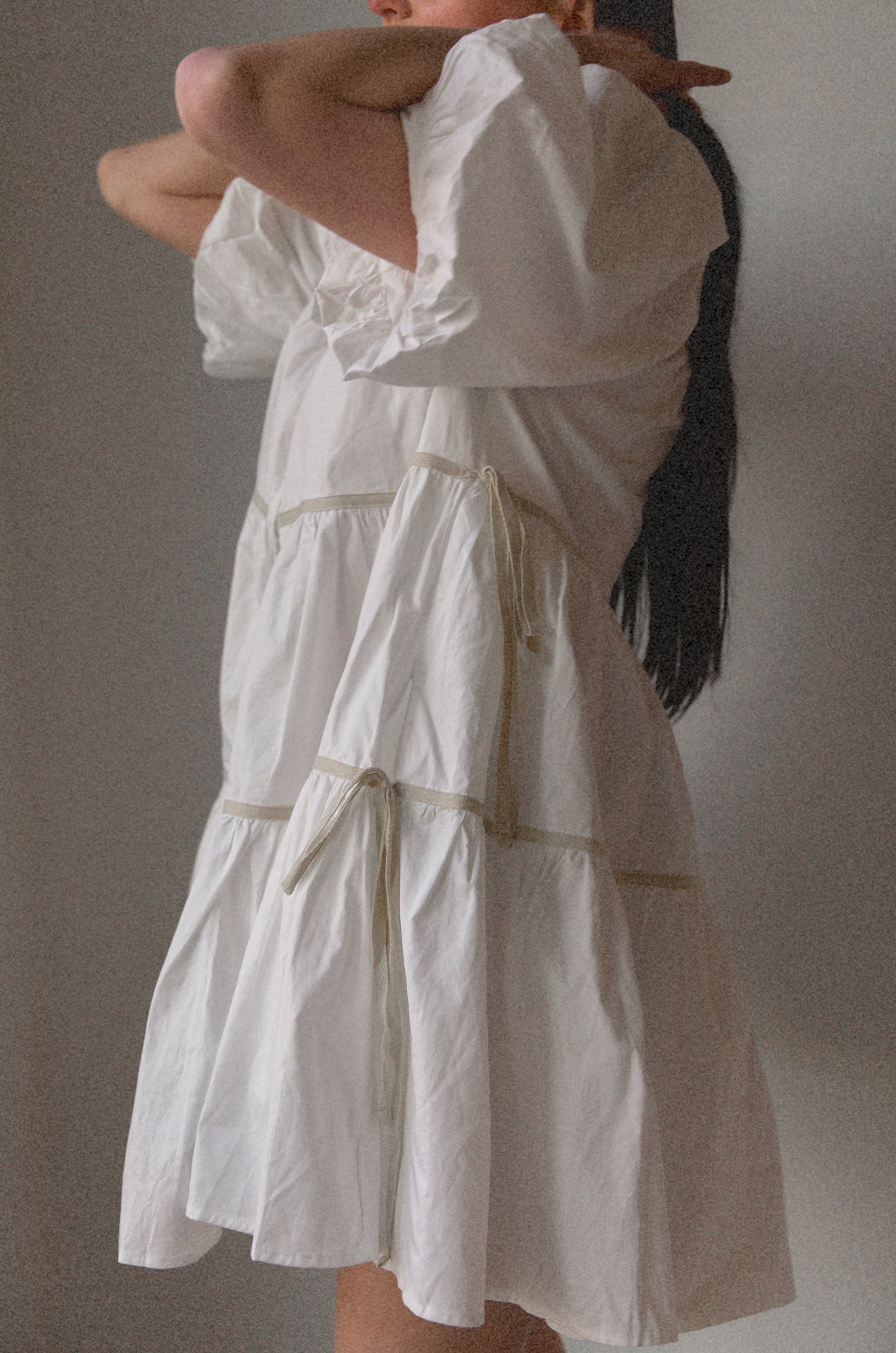 white puff sleeve tiered babydoll mini dress