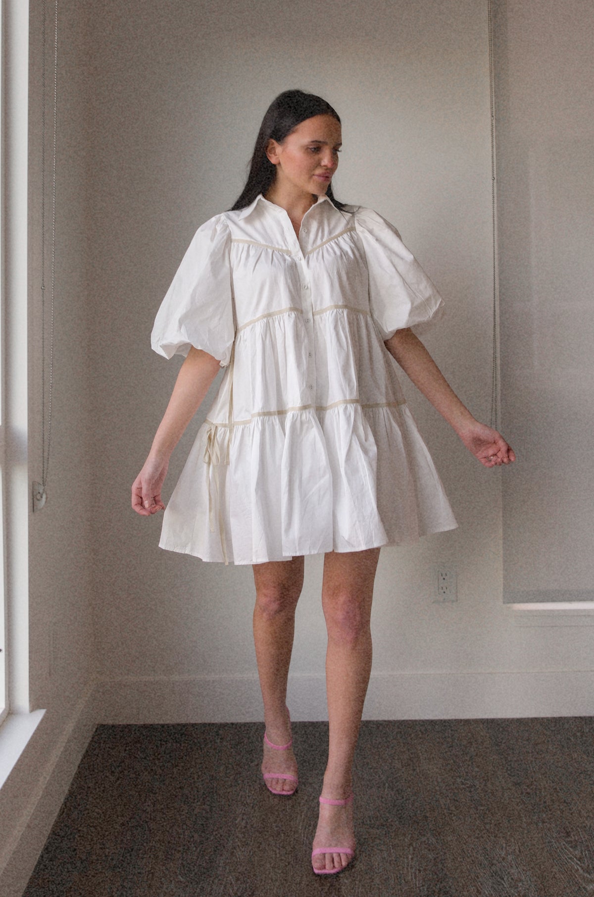 White Cotton Dobby Dress With Balloon Sleeves