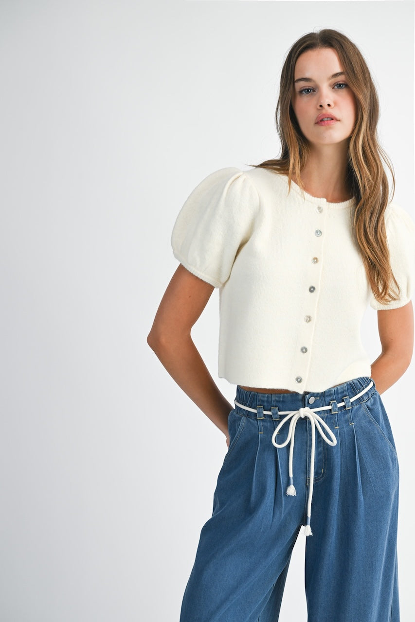 White Cropped Puff Sleeve Cardigan Sweater