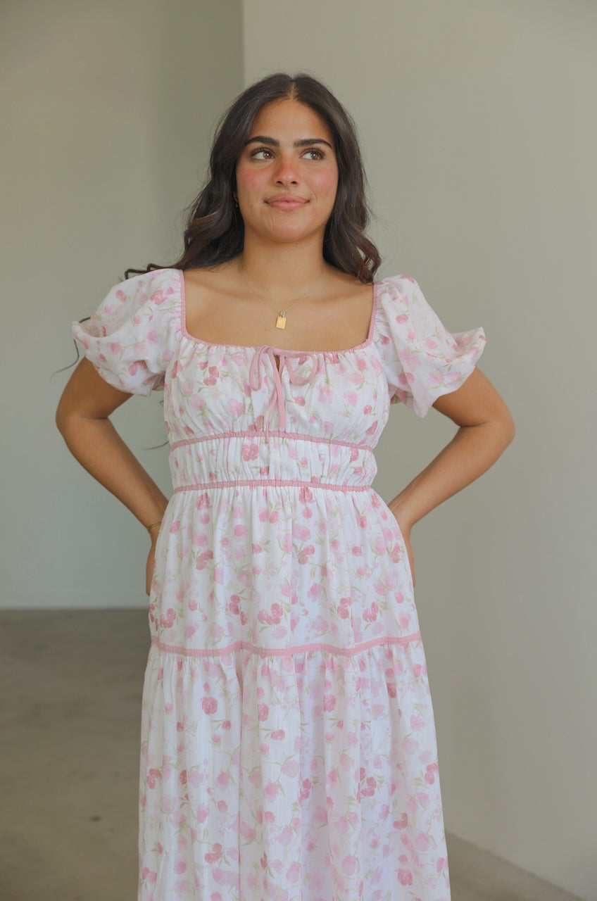 Ivory Pink Floral Puff Sleeve Midi Dress