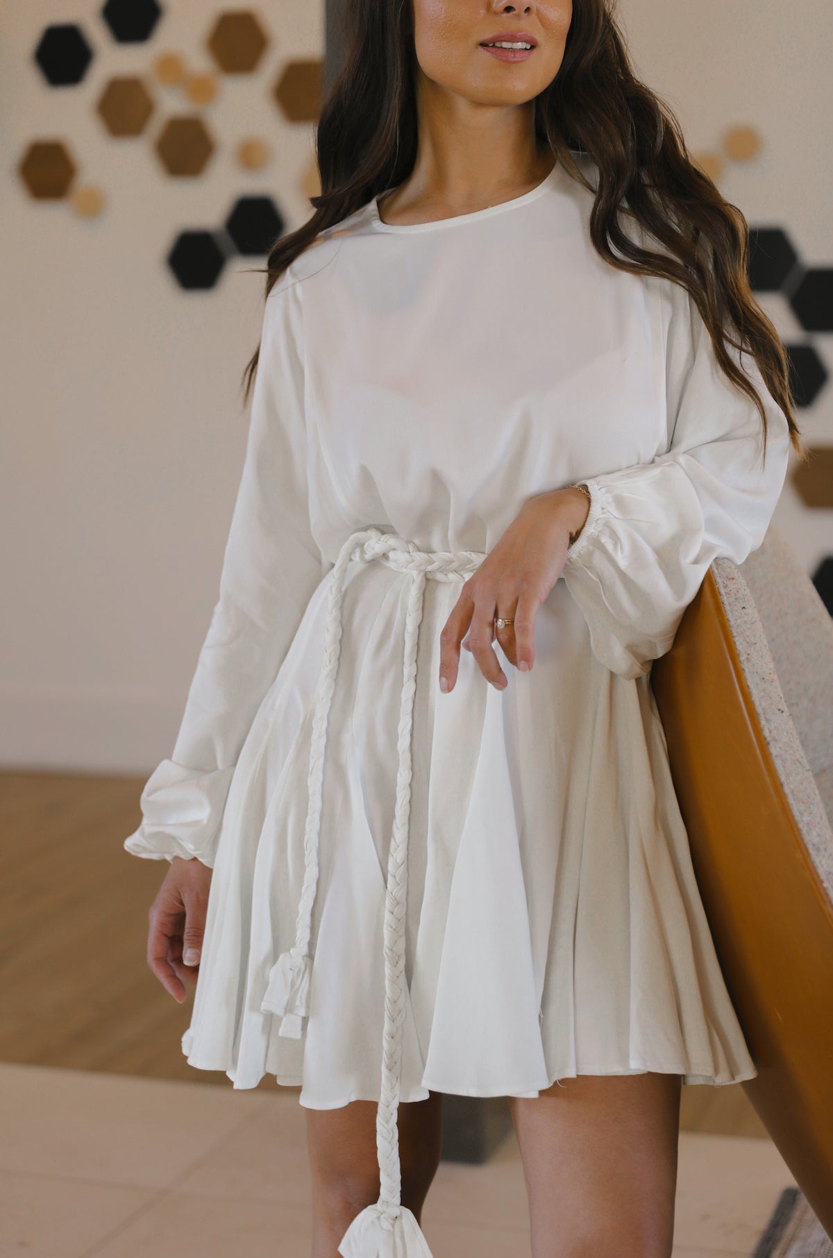 Mini Straight Fit Belted Long Sleeve White Sequin Dress