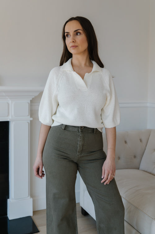 White Open Knit Short Sleeve Quarter Zip Sweater main image 0