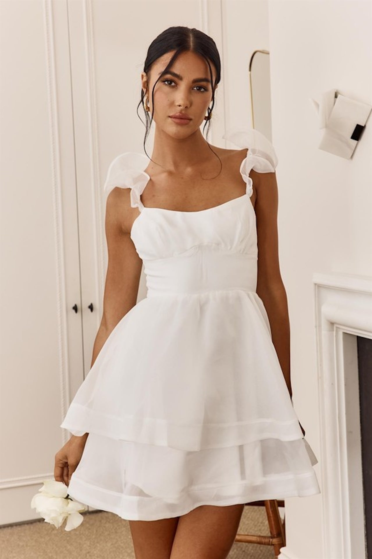 White Ruffle Strap Organza Mini Dress