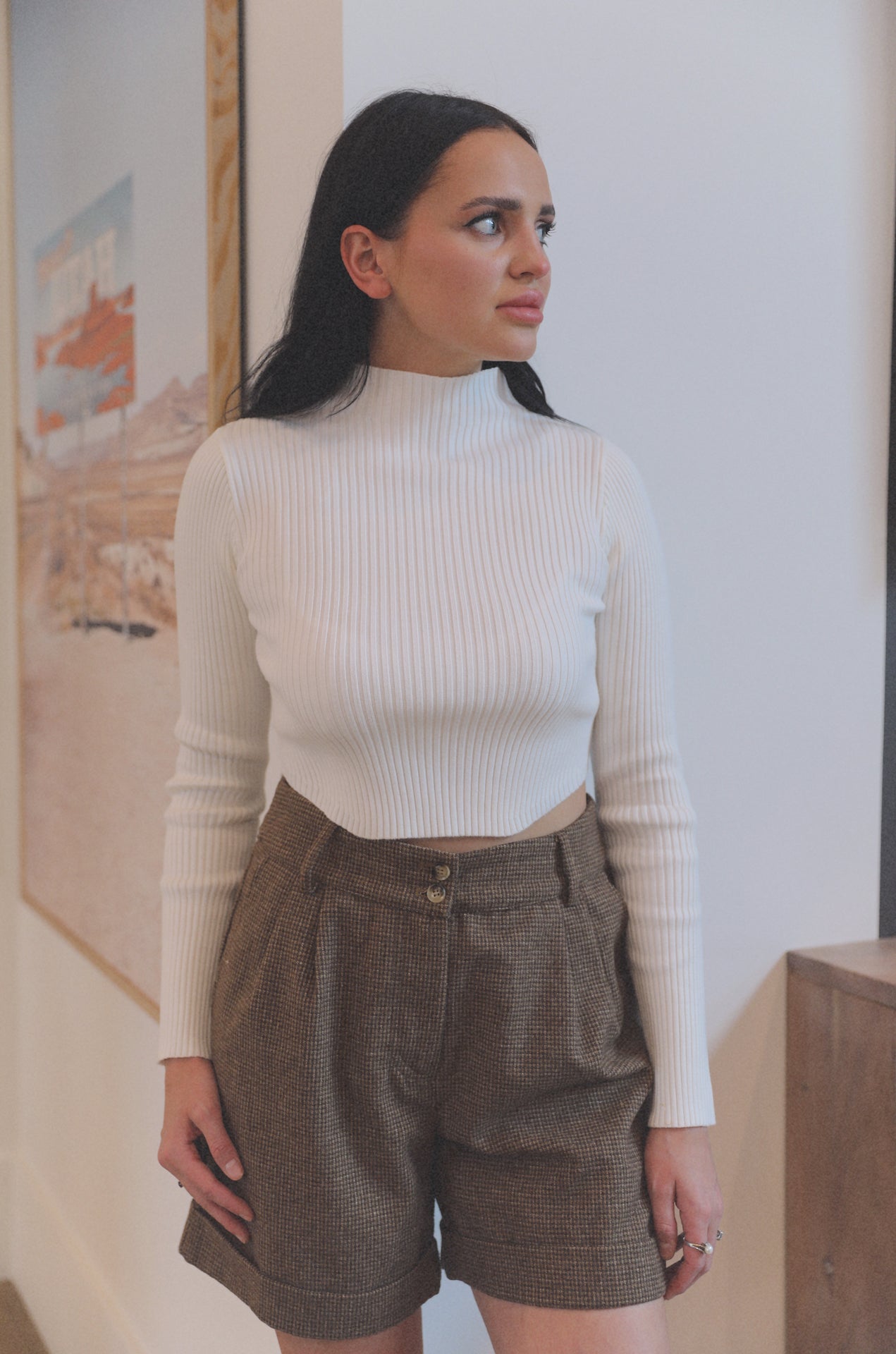 white ribbed mock neck cropped sweater top