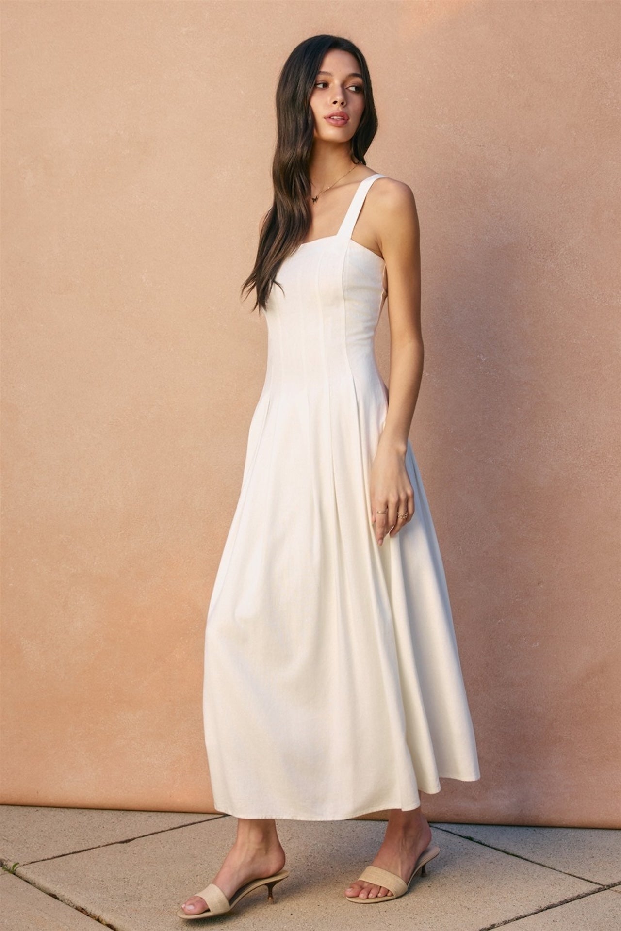 White Cotton Linen Blend Maxi Dress S