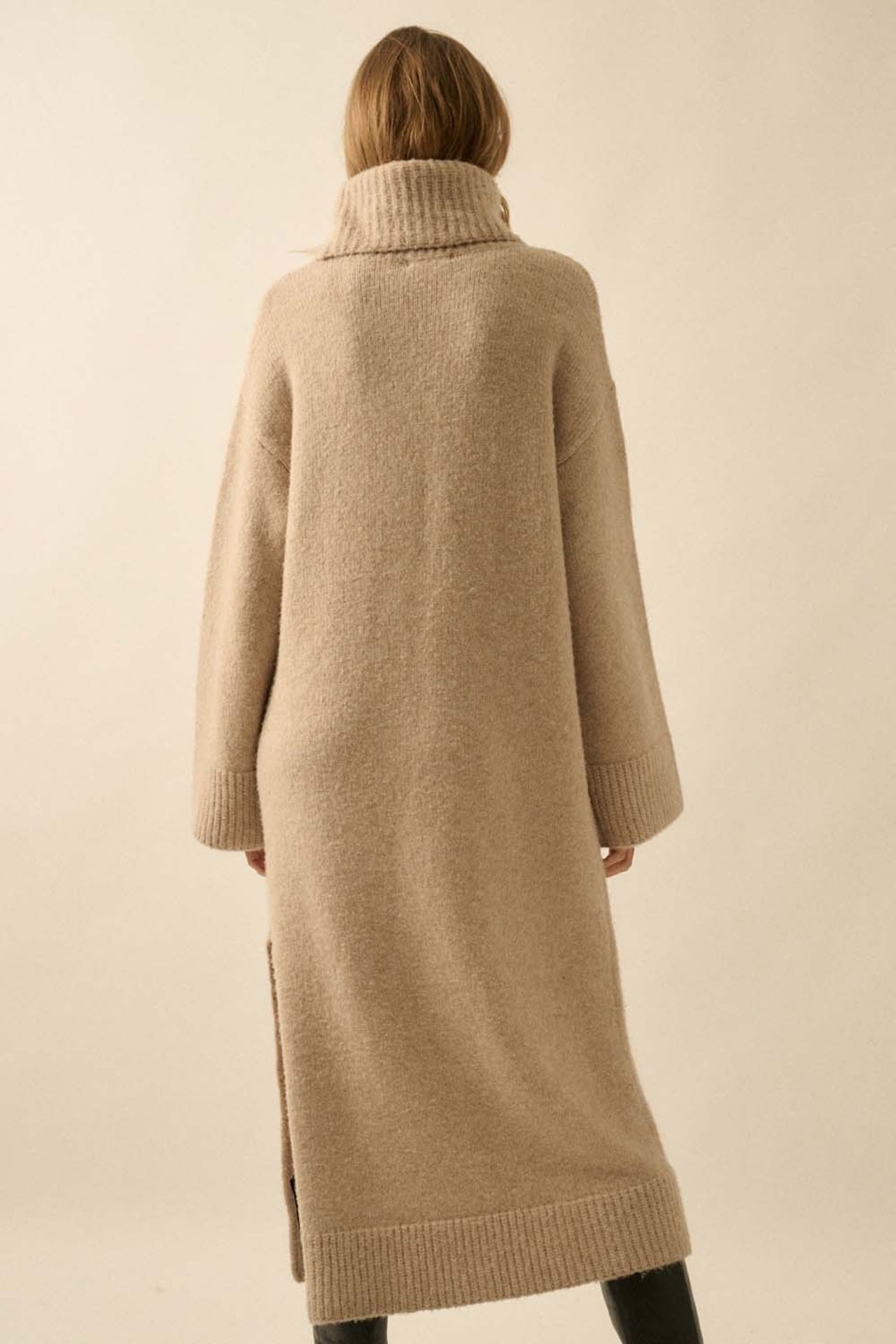 Oversized Turtleneck Sweater Dress - Beige Knit
