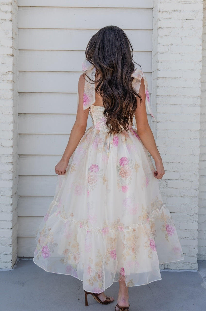 Ivory Floral Tie Strap Midi Dress