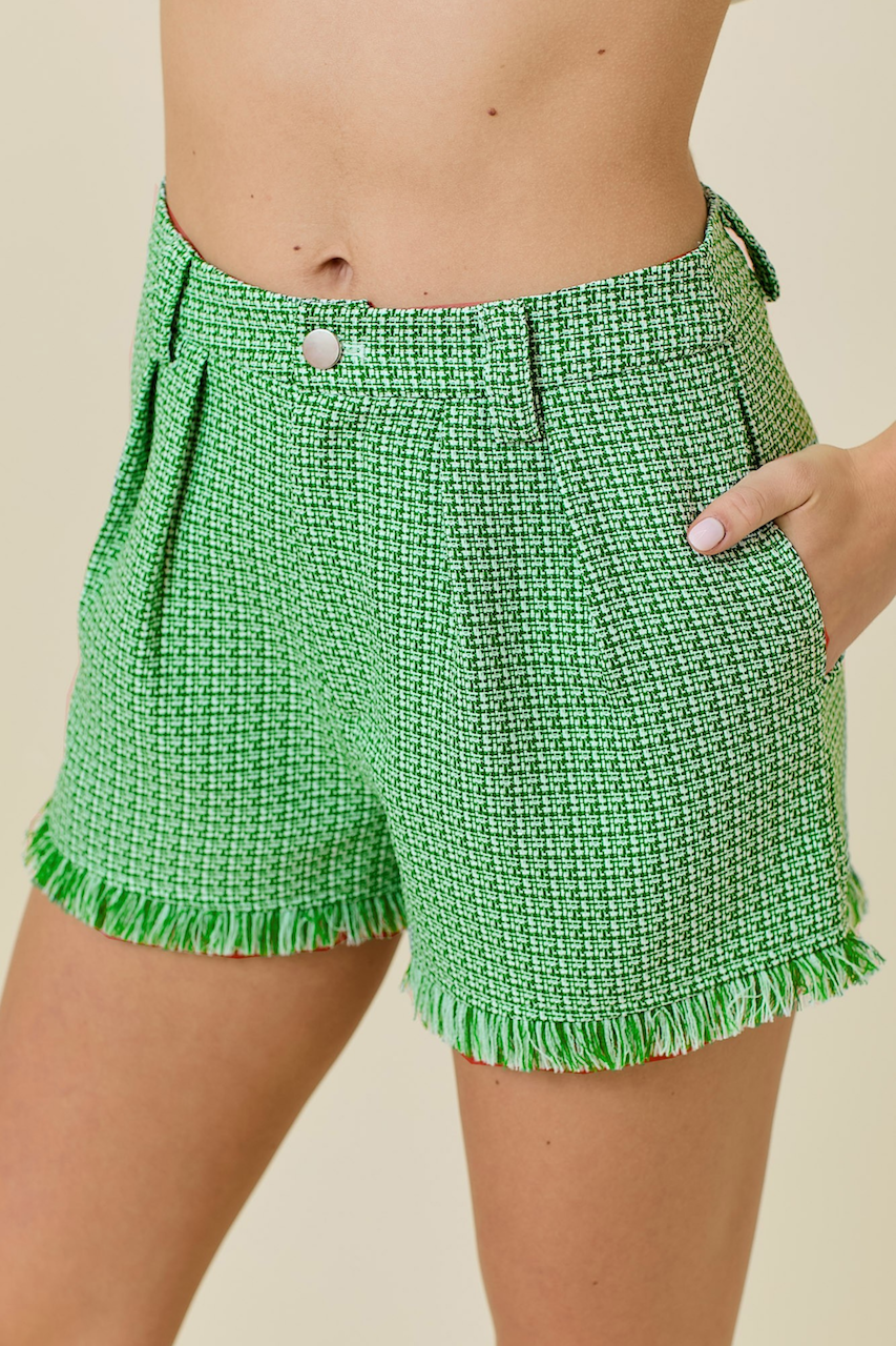 Green High Waisted Tweed Shorts