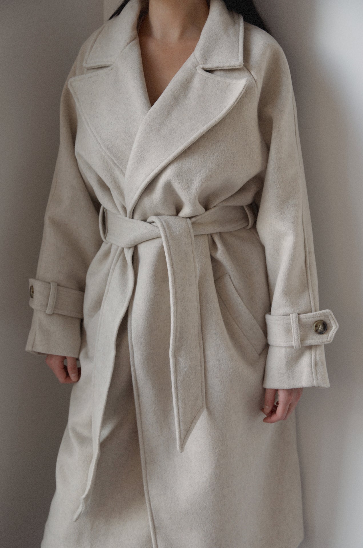 belted cream oversized wool blend coat