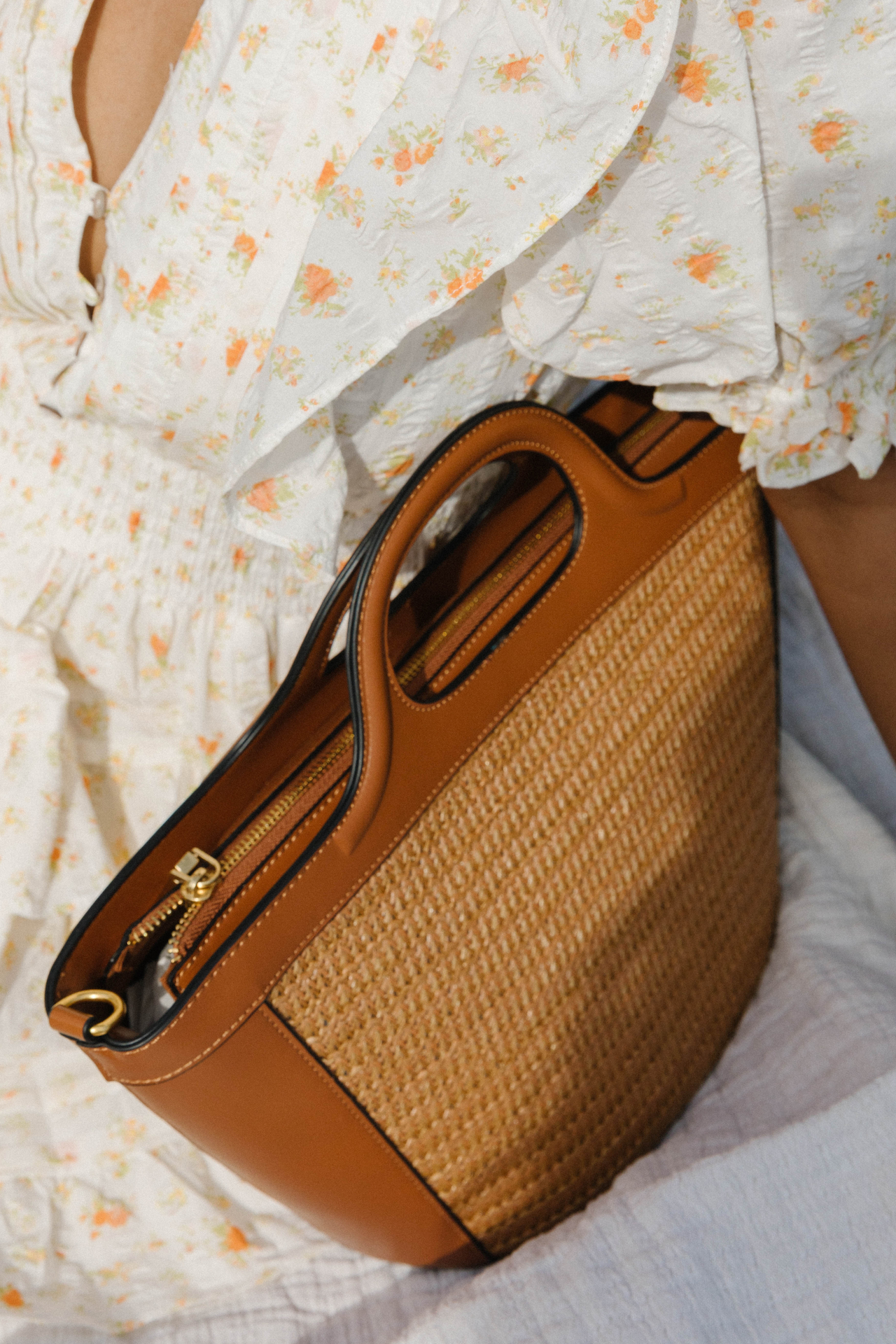 Raffia Woven Brown Leather Tote Bag