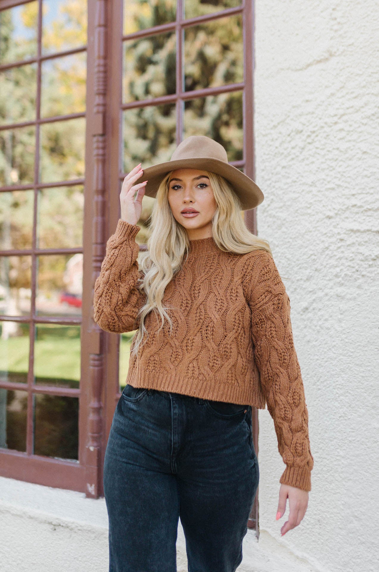 brown cropped knit sweater