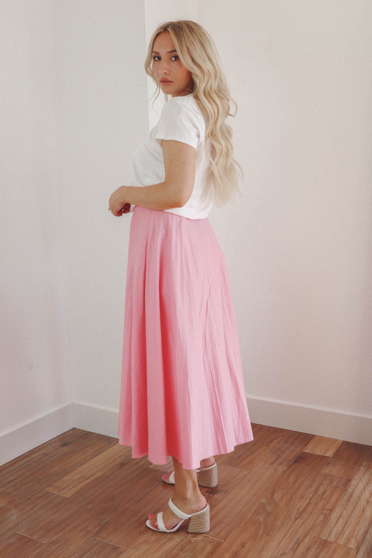 Bubblegum Pink Pleated Midi Skirt