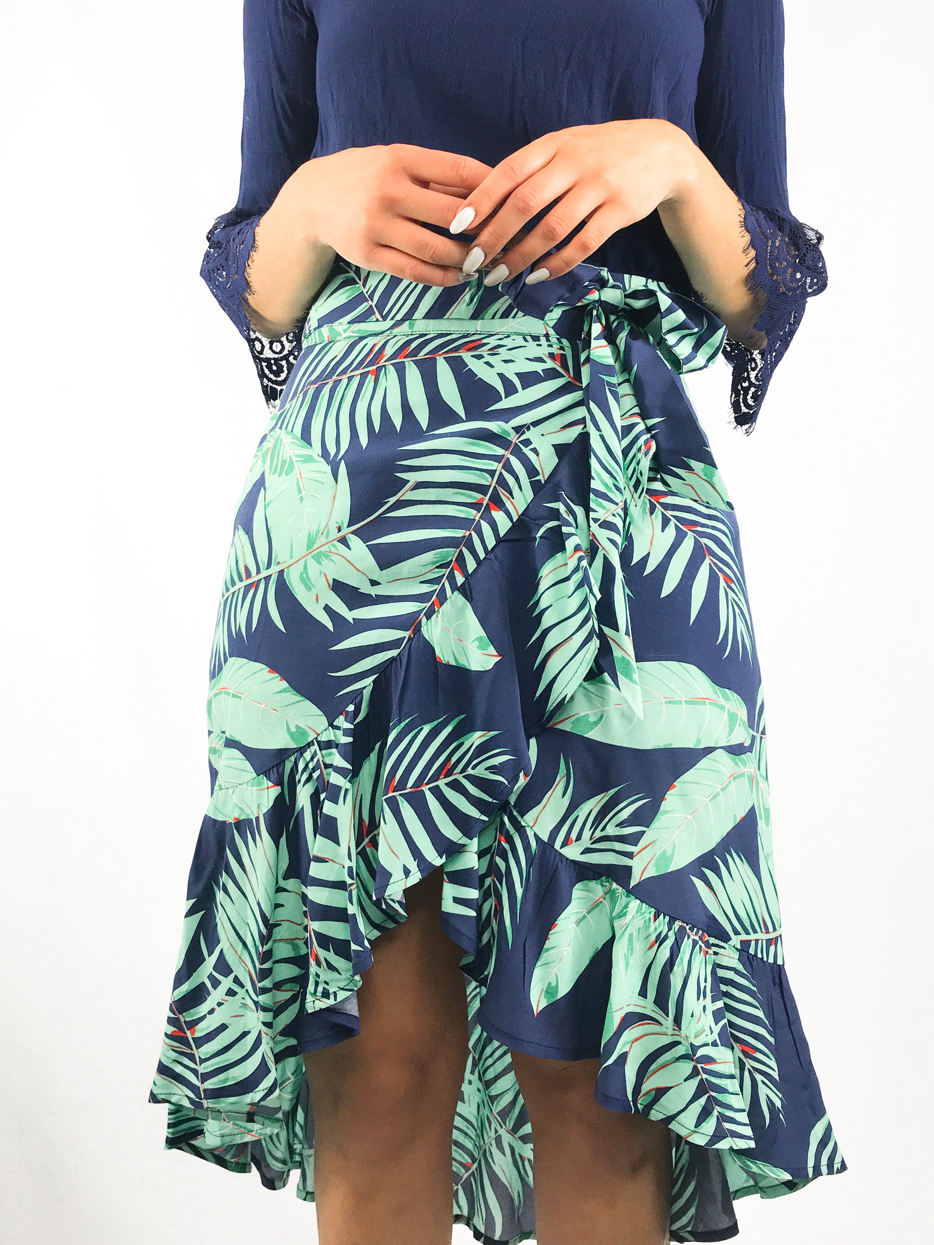 Palm Ruffle Wrap Midi Skirt