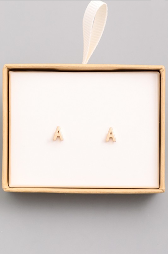 Gold Initial Alphabet Stud Earrings - A