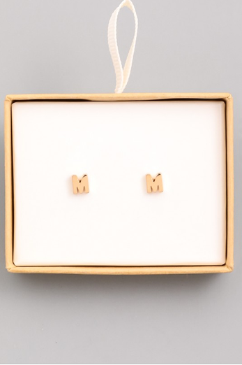 Gold Initial Alphabet Stud Earring - M
