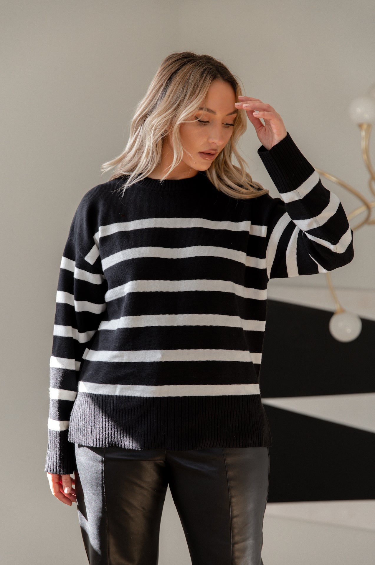 crewneck black and white striped sweater for women