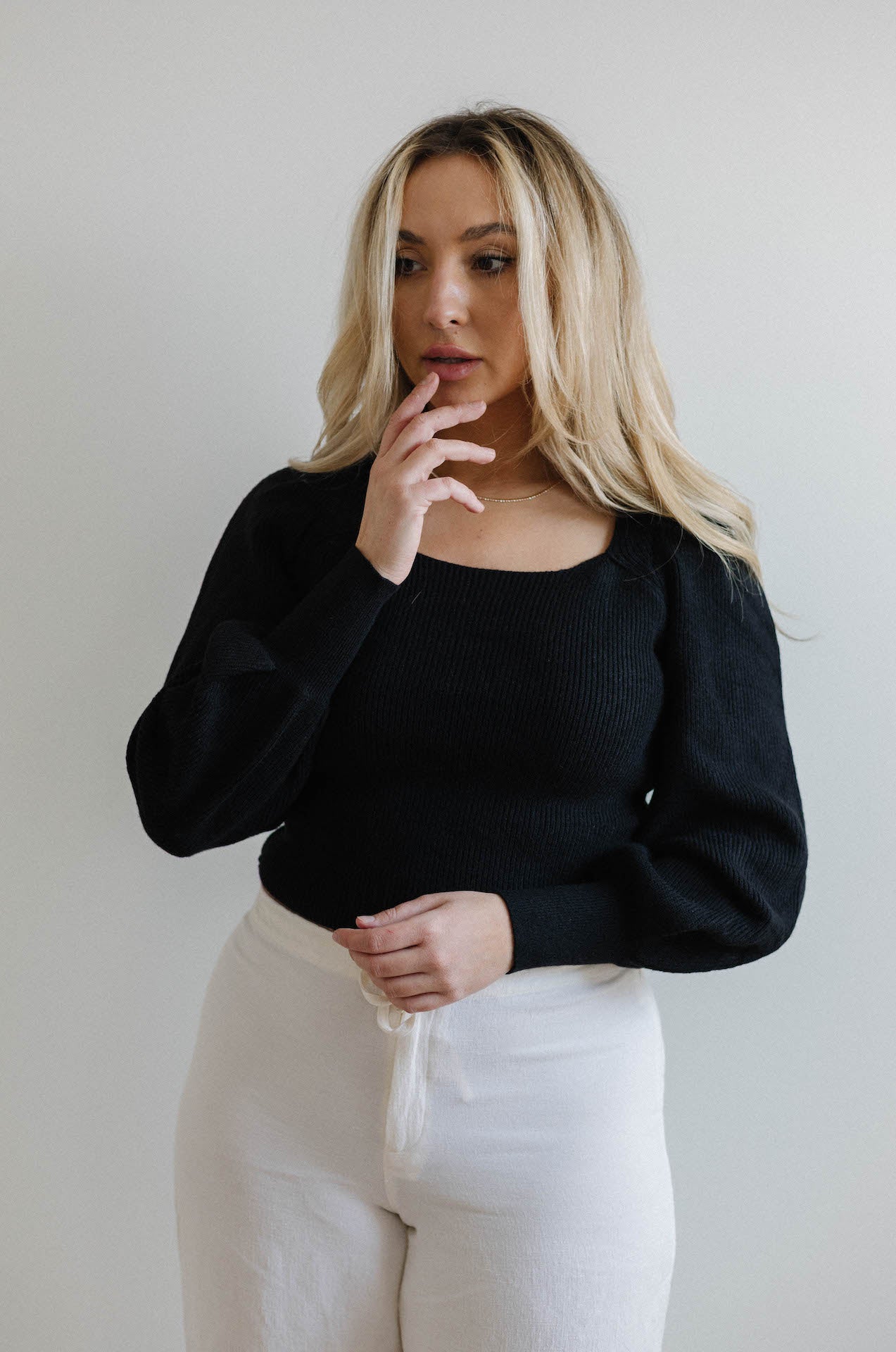 black ribbed square neckline sweater