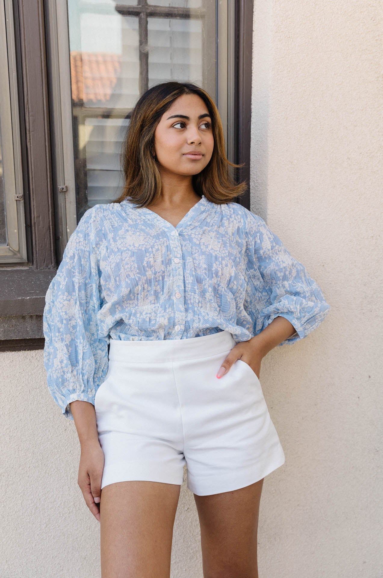 blue and white floral top