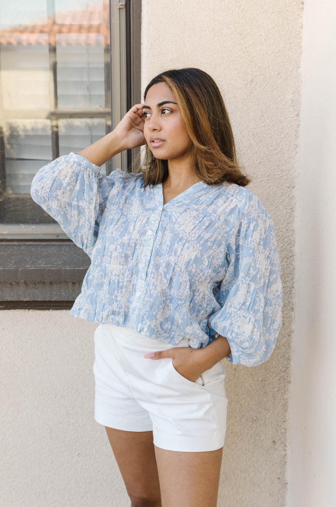 blue floral blouse with embroidery