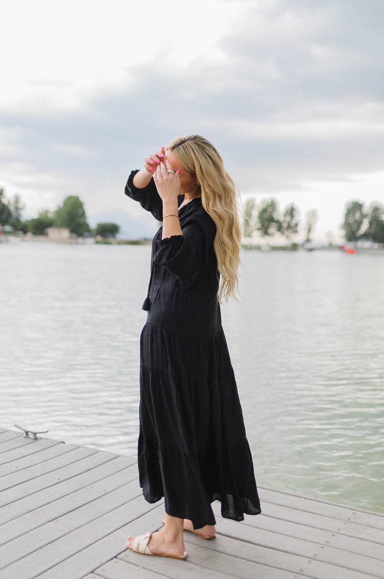 bohemian long sleeve black maxi dress with tassels