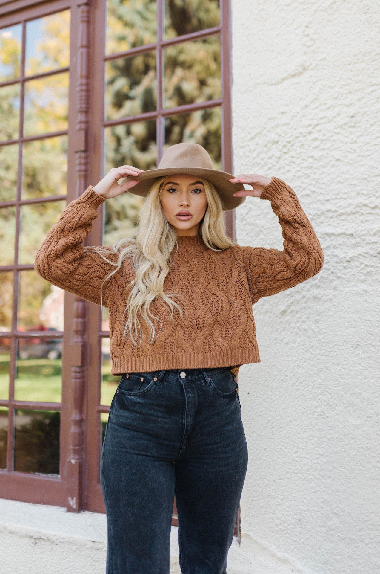 dark brown cable knit sweater