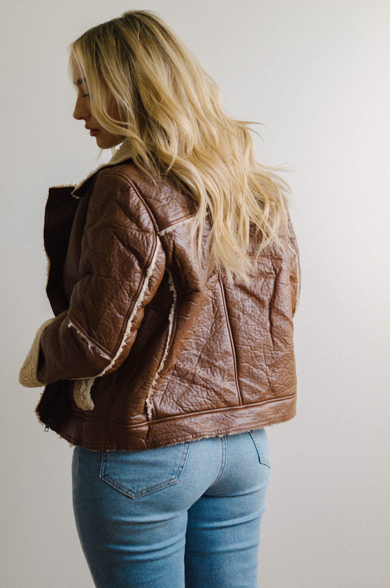 brown faux leather moto jacket with sherpa shearling lining