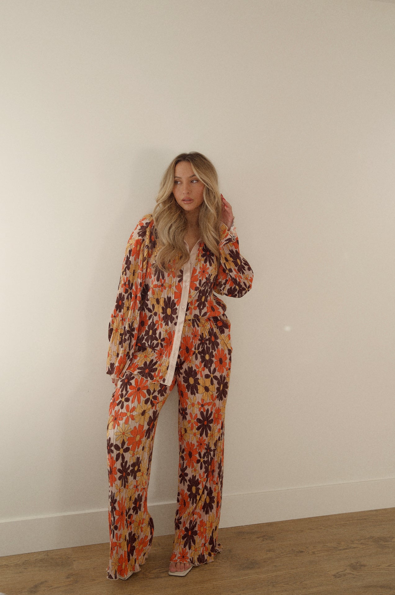 floral plisse set with long sleeve button down and pants